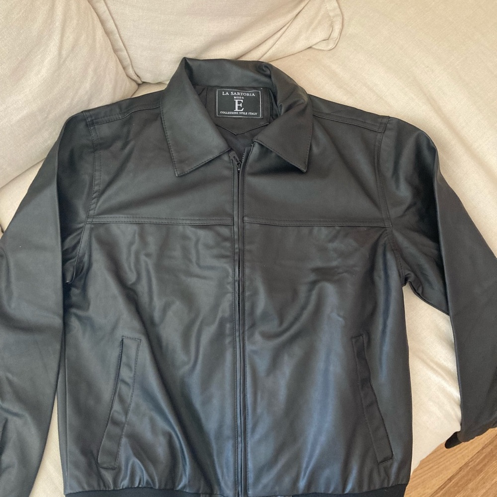 Black faux leather bomber jacket
